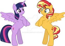 Size: 1023x730 | Tagged: dead source, safe, artist:paulysentry, artist:rmzero, banned from derpibooru, deleted from derpibooru, derpibooru import, sunset shimmer, twilight sparkle, twilight sparkle (alicorn), alicorn, pony, adopted, alicornified, alternate universe, deviantart watermark, female, obtrusive watermark, queen, race swap, shimmercorn, siblings, sisters, spanish, watermark