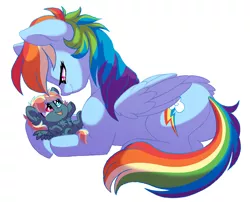 Size: 950x768 | Tagged: safe, artist:lopoddity, banned from derpibooru, deleted from derpibooru, derpibooru import, rainbow dash, oc, oc:aerostorm, pony, pandoraverse, baby, baby pony, bedroom eyes, butt, chest fluff, cute, eye contact, female, fluffy, foal, heterochromia, hug, looking at each other, male, momma dash, mother and child, mother and son, next generation, offspring, open mouth, parent:dumbbell, parent:rainbow dash, parents:dumbdash, plot, prone, simple background, smiling, white background