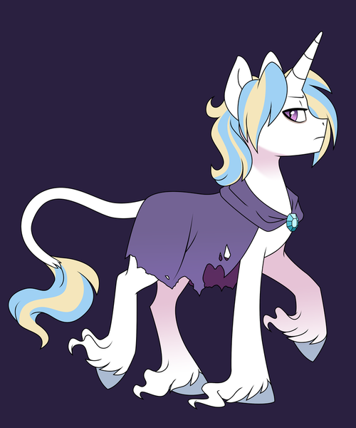 Size: 900x1079 | Tagged: safe, artist:lopoddity, banned from derpibooru, deleted from derpibooru, derpibooru import, oc, oc:moondancer, unofficial characters only, classical unicorn, unicorn, pandoraverse, black background, cape, clothes, cloven hooves, leonine tail, next generation, offspring, parent:prince blueblood, parent:trixie, parents:bluetrix, simple background, solo, unshorn fetlocks