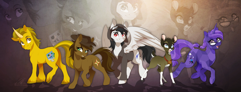 Size: 4594x1766 | Tagged: safe, artist:dvixie, banned from derpibooru, deleted from derpibooru, derpibooru import, oc, oc:autumn, oc:corsair, oc:pathfinder, oc:sojourner, oc:stargazer, unofficial characters only, crystal pony, deer, earth pony, pegasus, pony, unicorn, absurd resolution, group shot, hat, shadows