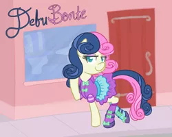 Size: 800x640 | Tagged: safe, artist:atlur, banned from derpibooru, deleted from derpibooru, derpibooru import, bon bon, sweetie drops, equestria girls, life is a runway, bonafied, bonpun, clothes, dress, looking at you, pun, smiling, solo