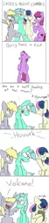 Size: 450x2012 | Tagged: safe, artist:input-command, banned from derpibooru, deleted from derpibooru, derpibooru import, berry punch, berryshine, bon bon, derpy hooves, lyra heartstrings, sweetie drops, pony, bipedal, charades, comic, vomit