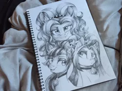 Size: 1280x960 | Tagged: safe, artist:dvixie, banned from derpibooru, deleted from derpibooru, derpibooru import, adagio dazzle, aria blaze, sonata dusk, ponified, pony, monochrome, the dazzlings, traditional art