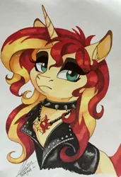 Size: 878x1280 | Tagged: safe, artist:dvixie, banned from derpibooru, deleted from derpibooru, derpibooru import, sunset shimmer, pony, unicorn, choker, clothes, collar, cutie mark pendant, ear fluff, eyeshadow, frown, jacket, jewelry, leather jacket, lidded eyes, looking at you, makeup, necklace, pendant, solo, spiked choker, spiked collar, traditional art