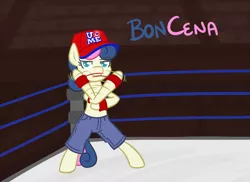 Size: 800x581 | Tagged: safe, artist:atlur, banned from derpibooru, deleted from derpibooru, derpibooru import, bon bon, sweetie drops, pony, bedroom eyes, bipedal, bonafied, bonpun, clothes, crossover, hat, john cena, looking at you, meme, pants, partial nudity, pun, smiling, smirk, solo, sports, sweatband, topless, wrestling, wrestling ring, wristband, wwe, you can't see me