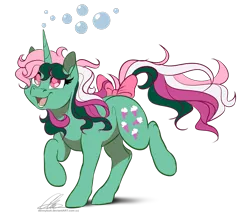 Size: 1075x937 | Tagged: safe, artist:dvixie, banned from derpibooru, deleted from derpibooru, derpibooru import, fizzy, pony, twinkle eyed pony, unicorn, bow, bubble, g1, g1 to g4, generation leap, happy, open mouth, raised hoof, running, simple background, solo, tail bow, transparent background
