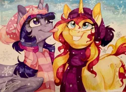 Size: 1280x932 | Tagged: safe, artist:dvixie, banned from derpibooru, deleted from derpibooru, derpibooru import, sunset shimmer, twilight sparkle, twilight sparkle (alicorn), alicorn, pony, unicorn, equestria girls, clothes, cute, hat, markers, scarf, shimmerbetes, snow, snowfall, tongue out, traditional art, twiabetes, winter