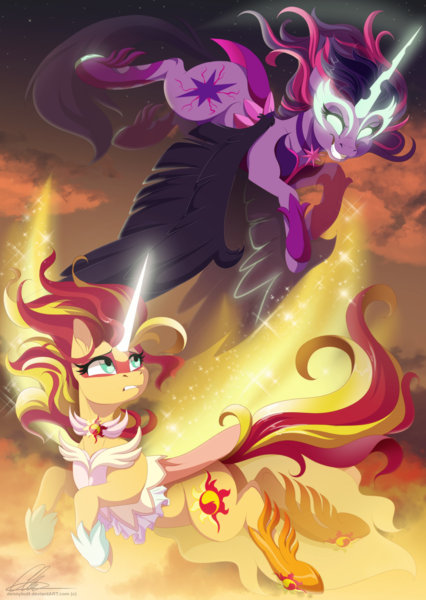 Size: 1090x1537 | Tagged: safe, artist:dvixie, banned from derpibooru, deleted from derpibooru, derpibooru import, sci-twi, sunset shimmer, twilight sparkle, ponified, pony, unicorn, equestria girls, friendship games, daydream shimmer, equestria girls ponified, female, glowing eyes, glowing horn, horn, mare, midnight sparkle, unicorn sci-twi