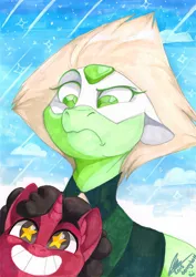 Size: 700x989 | Tagged: safe, artist:dvixie, banned from derpibooru, deleted from derpibooru, derpibooru import, ponified, pony, peridot (steven universe), smiling, steven quartz universe, steven universe, traditional art