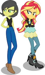 Size: 3270x5448 | Tagged: safe, artist:paulysentry, banned from derpibooru, deleted from derpibooru, derpibooru import, sunset shimmer, oc, oc:pauly sentry, equestria girls, friendship games, absurd resolution, clothes, crossed arms, crossed legs, duo, equestria girls-ified, hand on hip, jacket, leather jacket, pants, simple background, transparent background, vector
