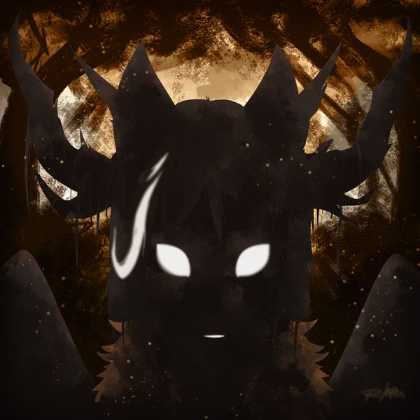 Size: 900x900 | Tagged: safe, artist:ryhaal, banned from derpibooru, deleted from derpibooru, derpibooru import, oc, oc:wanderer, unofficial characters only, demon, antlers, beast, creepy, devil, evil, glowing eyes, monster, over the garden wall, solo, the beast, tree branch