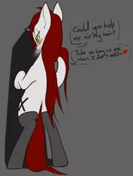 Size: 1222x1614 | Tagged: suggestive, artist:sand-filled-scarecrow, banned from derpibooru, deleted from derpibooru, derpibooru import, oc, oc:patricia sorg, unofficial characters only, pony, bipedal, blushing, long mane, rear view, solo, talking to viewer