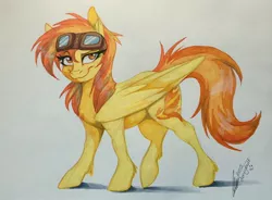 Size: 1280x944 | Tagged: safe, artist:dvixie, banned from derpibooru, deleted from derpibooru, derpibooru import, spitfire, pegasus, pony, female, goggles, looking at you, mare, smiling, solo, traditional art