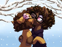 Size: 1024x775 | Tagged: safe, artist:lopoddity, banned from derpibooru, deleted from derpibooru, derpibooru import, oc, oc:bramble thorn, oc:kilala, unofficial characters only, eyes closed, female, glasses, kissing, lesbian, lopolala, shipping