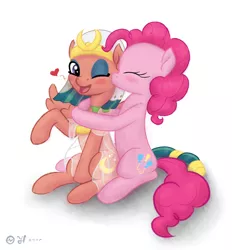 Size: 2146x2314 | Tagged: safe, artist:jh, banned from derpibooru, deleted from derpibooru, derpibooru import, pinkie pie, somnambula, earth pony, pegasus, pony, blushing, clothes, eyes closed, eyeshadow, female, hug, kissing, lesbian, looking at you, makeup, mare, one eye closed, open mouth, pinkambula, raised hoof, see-through, shipping, sitting, smiling, smooch