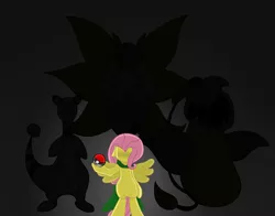 Size: 1659x1300 | Tagged: safe, artist:input-command, banned from derpibooru, deleted from derpibooru, derpibooru import, fluttershy, ampharos, victreebel, volcarona, cape, clothes, pokéball, pokémon, silhouette