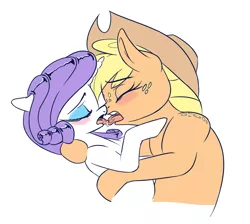 Size: 1959x1757 | Tagged: suggestive, alternate version, artist:dilarus, banned from derpibooru, deleted from derpibooru, derpibooru import, applejack, rarity, earth pony, pony, unicorn, applejack's hat, blushing, construction lines, cowboy hat, digital art, female, floppy ears, freckles, french kiss, hat, kissing, lesbian, mare, rarijack, shipping, simple background, white background, wip