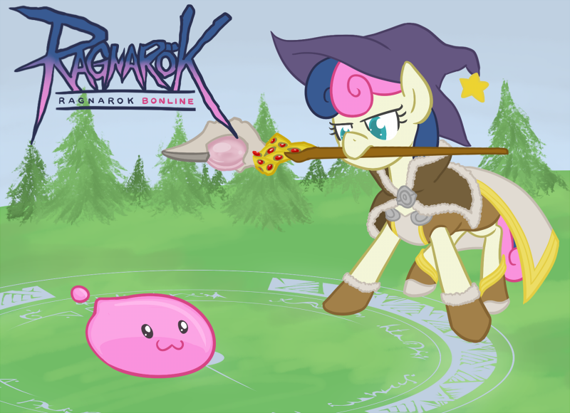 Size: 800x580 | Tagged: safe, artist:atlur, banned from derpibooru, deleted from derpibooru, derpibooru import, bon bon, sweetie drops, pony, bonafied, bonpun, clothes, crossover, mage, poring, pun, ragnarok online, staff