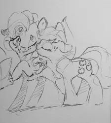 Size: 1150x1280 | Tagged: safe, artist:dilarus, banned from derpibooru, deleted from derpibooru, derpibooru import, applejack, fluttershy, earth pony, pegasus, pony, appleshy, cowboy hat, cute, female, hat, jackabetes, kiss on the cheek, kissing, lesbian, mare, monochrome, raised hoof, shipping, shyabetes, simple background, sketch, smiling, stetson, traditional art