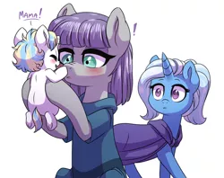 Size: 1024x810 | Tagged: safe, artist:lopoddity, banned from derpibooru, deleted from derpibooru, derpibooru import, maud pie, trixie, oc, oc:moondancer, earth pony, pony, unicorn, pandoraverse, alternate hairstyle, blushing, boop, cape, clothes, cute, exclamation point, eyes closed, female, first words, frown, holding a pony, jealous, lesbian, male, mauxie, mother and child, mother and son, next generation, nose wrinkle, not the mama, not the momma, offspring, open mouth, parent:prince blueblood, parent:trixie, parents:bluetrix, shipping, simple background, smiling, surprised, underhoof, wide eyes
