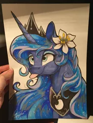 Size: 2034x2691 | Tagged: safe, artist:dvixie, banned from derpibooru, deleted from derpibooru, derpibooru import, princess luna, pony, cute, flower, flower in hair, lunabetes, modified accessory, photo, silly, silly pony, solo, tongue out, traditional art
