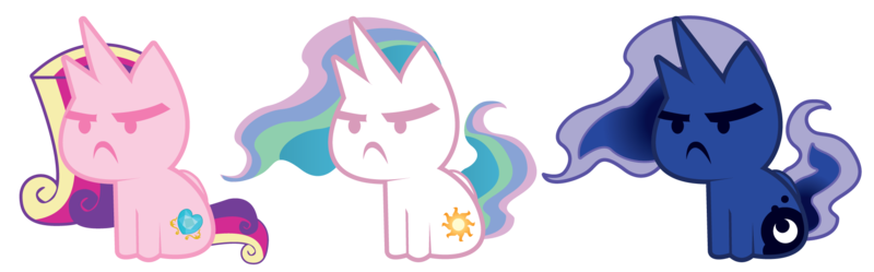 Size: 1996x622 | Tagged: safe, artist:spacekitty, banned from derpibooru, deleted from derpibooru, derpibooru import, princess cadance, princess celestia, princess luna, cat, catlestia, chibi, frown, glare, grumpy, grumpy cat, horn, princess mewna, simple background, sitting, species swap, transparent background, unamused, vector