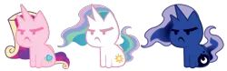 Size: 1996x622 | Tagged: safe, artist:spacekitty, banned from derpibooru, deleted from derpibooru, derpibooru import, princess cadance, princess celestia, princess luna, cat, catlestia, chibi, frown, glare, grumpy, grumpy cat, horn, princess mewna, simple background, sitting, species swap, transparent background, unamused, vector