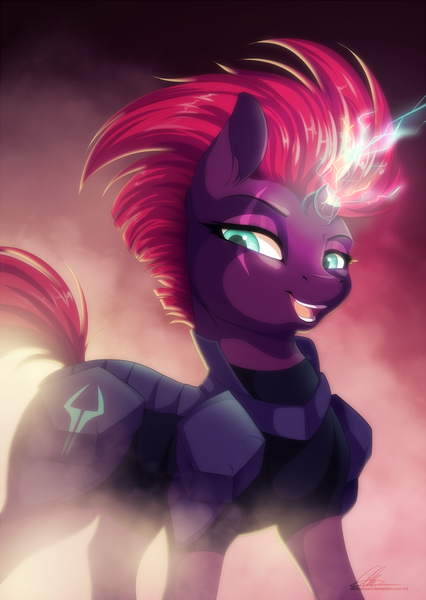 Size: 664x936 | Tagged: safe, artist:dvixie, banned from derpibooru, deleted from derpibooru, derpibooru import, tempest shadow, pony, unicorn, my little pony: the movie, broken horn, eye scar, horn, looking at you, open mouth, scar, solo, sparking horn