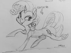 Size: 1280x960 | Tagged: safe, artist:dilarus, banned from derpibooru, deleted from derpibooru, derpibooru import, rarity, pony, unicorn, female, grayscale, looking back, mare, monochrome, pencil drawing, sketch, solo, traditional art