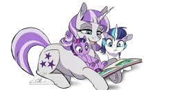 Size: 672x350 | Tagged: safe, artist:dvixie, banned from derpibooru, deleted from derpibooru, derpibooru import, edit, shining armor, twilight sparkle, twilight velvet, pony, unicorn, book, colt, colt shining armor, cropped, cute, daaaaaaaaaaaw, ear fluff, female, filly, filly twilight sparkle, frown, hnnng, male, mare, mother and child, mother and daughter, mother and son, open mouth, prone, reading, shining adorable, simple background, smiling, transparent background, twiabetes, velvetbetes, younger