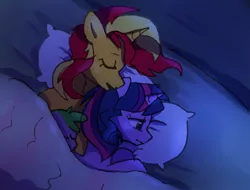 Size: 1756x1338 | Tagged: safe, artist:little-tweenframes, banned from derpibooru, deleted from derpibooru, derpibooru import, sci-twi, spike, sunset shimmer, twilight sparkle, dragon, pony, unicorn, blanket, eyes closed, female, lesbian, scitwishimmer, shipping, sleeping, sunsetsparkle