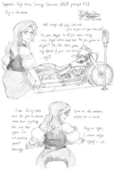 Size: 1200x1800 | Tagged: safe, artist:meto30, banned from derpibooru, deleted from derpibooru, derpibooru import, sunset shimmer, human, atg 2020, humanized, monochrome, motorcycle, newbie artist training grounds, solo, traditional art