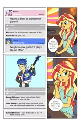 Size: 2650x4096 | Tagged: safe, artist:verumteednp, banned from derpibooru, deleted from derpibooru, derpibooru import, flash sentry, pinkie pie, sunset shimmer, comic:sparkling shimmer, equestria girls, cactus, car, clothes, comic, computer, dialogue, electric guitar, female, flash sentry's car, flashimmer, guitar, jacket, keyboard, male, musical instrument, pants, shipping, shirt, smiling, social media, speech bubble, straight, text, updated