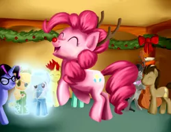 Size: 3850x2975 | Tagged: safe, artist:southparktaoist, banned from derpibooru, deleted from derpibooru, derpibooru import, applejack, doctor whooves, octavia melody, pinkie pie, time turner, trixie, oc, oc:pixelkitties, deer, reindeer, christmas, clothes, costume, happy, holiday