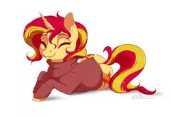 Size: 1541x1063 | Tagged: safe, artist:dvixie, banned from derpibooru, deleted from derpibooru, derpibooru import, sunset shimmer, pony, unicorn, both cutie marks, butt, clothes, cute, cutie mark, eyes closed, female, lying down, mare, shimmerbetes, simple background, smiling, solo, sweater, white background