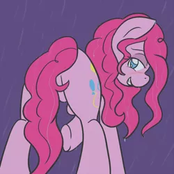 Size: 700x700 | Tagged: suggestive, artist:atlur, banned from derpibooru, deleted from derpibooru, derpibooru import, pinkie pie, earth pony, pony, balloonbutt, bedroom eyes, blushing, butt, female, looking at you, looking back, mare, no pupils, plot, rain, raised hoof, rear view, simple background, smiling, solo, solo female, underhoof, wet, wet mane