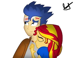 Size: 1600x1200 | Tagged: safe, artist:paulysentry, banned from derpibooru, deleted from derpibooru, derpibooru import, flash sentry, sunset shimmer, equestria girls, blood, bruised, clothes, female, flashimmer, hurt/comfort, male, shipping, simple background, straight, transparent background, vector