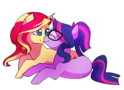 Size: 1100x800 | Tagged: safe, artist:doodledonut, artist:little-tweenframes, banned from derpibooru, deleted from derpibooru, derpibooru import, sci-twi, sunset shimmer, twilight sparkle, ponified, pony, series:sciset diary, equestria girls, boop, collaboration, cuddling, cute, equestria girls ponified, female, glasses, lesbian, noseboop, ponytail, prone, scitwishimmer, shimmerbetes, shipping, simple background, snuggling, sunsetsparkle, twiabetes