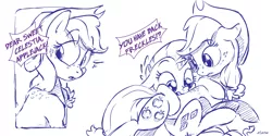 Size: 6000x3000 | Tagged: safe, artist:dilarus, banned from derpibooru, deleted from derpibooru, derpibooru import, applejack, rarity, earth pony, pony, unicorn, body freckles, cowboy hat, duo, female, freckles, hat, looking back, mare, monochrome, simple background, sketch, speech bubble, stetson, surprised, that pony sure does love freckles, white background