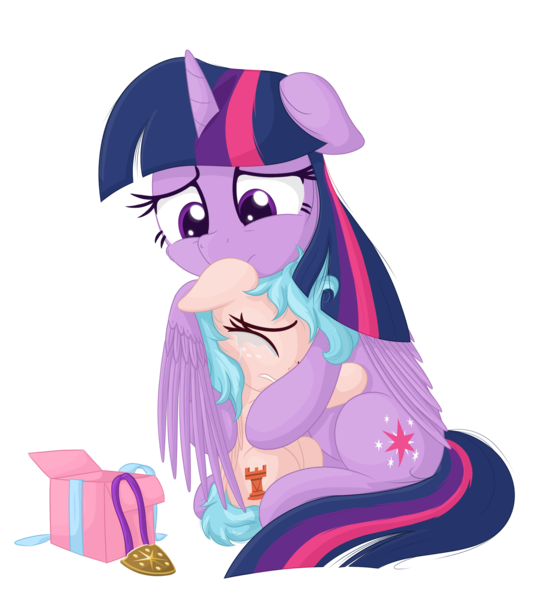 Size: 2350x2516 | Tagged: safe, artist:vito, banned from derpibooru, deleted from derpibooru, derpibooru import, cozy glow, twilight sparkle, twilight sparkle (alicorn), alicorn, pegasus, pony, a better ending for cozy, alternate hairstyle, cozybetes, cozylove, crying, cute, hug, hugging a pony, present, simple background, transparent background