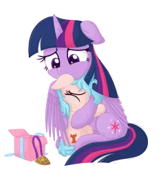 Size: 2350x2516 | Tagged: safe, artist:vito, banned from derpibooru, deleted from derpibooru, derpibooru import, cozy glow, twilight sparkle, twilight sparkle (alicorn), alicorn, pegasus, pony, a better ending for cozy, alternate hairstyle, cozybetes, cozylove, crying, cute, hug, hugging a pony, present, simple background, transparent background