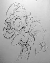 Size: 1009x1280 | Tagged: safe, artist:dilarus, banned from derpibooru, deleted from derpibooru, derpibooru import, applejack, earth pony, pony, cowboy hat, female, grayscale, hat, looking back, mare, monochrome, pencil drawing, raised hoof, solo, surprised, traditional art