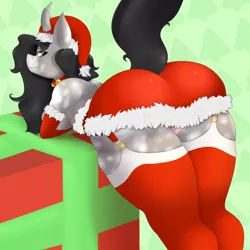 Size: 4000x4000 | Tagged: suggestive, artist:booponies, banned from derpibooru, deleted from derpibooru, derpibooru import, oc, unofficial characters only, anthro, unicorn, bent over, breasts, christmas, clothes, collar, dress, female, festive, holiday, large butt, panties, sideboob, socks, solo, solo female, stockings, thigh highs, underwear