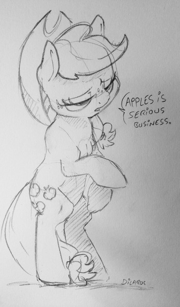 Size: 750x1280 | Tagged: safe, artist:dilarus, banned from derpibooru, deleted from derpibooru, derpibooru import, applejack, earth pony, pony, apple, bipedal, cowboy hat, dialogue, female, food, hat, mare, monochrome, simple background, sketch, solo, stetson, that pony sure does love apples, traditional art