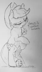 Size: 750x1280 | Tagged: safe, artist:dilarus, banned from derpibooru, deleted from derpibooru, derpibooru import, applejack, earth pony, pony, apple, bipedal, cowboy hat, dialogue, female, food, hat, mare, monochrome, simple background, sketch, solo, stetson, that pony sure does love apples, traditional art