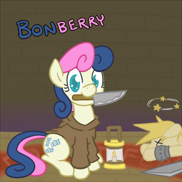 Size: 600x600 | Tagged: safe, artist:atlur, banned from derpibooru, deleted from derpibooru, derpibooru import, bon bon, sweetie drops, ponified, pony, bonafied, bonpun, circling stars, clothes, cloud strife, crossover, dizzy, final fantasy, final fantasy vii, hoodie, knife, lantern, looking at you, mouth hold, pun, sitting, smiling, tonberry