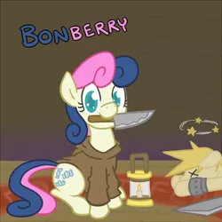 Size: 600x600 | Tagged: safe, artist:atlur, banned from derpibooru, deleted from derpibooru, derpibooru import, bon bon, sweetie drops, ponified, pony, bonafied, bonpun, circling stars, clothes, cloud strife, crossover, dizzy, final fantasy, final fantasy vii, hoodie, knife, lantern, looking at you, mouth hold, pun, sitting, smiling, tonberry