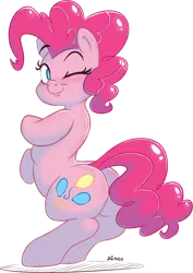 Size: 2162x3055 | Tagged: safe, artist:dilarus, banned from derpibooru, deleted from derpibooru, derpibooru import, pinkie pie, pony, backbend, bipedal, one eye closed, smiling, solo, wink