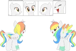 Size: 891x601 | Tagged: safe, artist:ponns, banned from derpibooru, deleted from derpibooru, derpibooru import, oc, oc:rainbow beats, unofficial characters only, pegasus, pony, base used, eyelashes, female, leonine tail, mare, multicolored hair, open mouth, rainbow hair, reference sheet, simple background, smiling, solo, transparent background