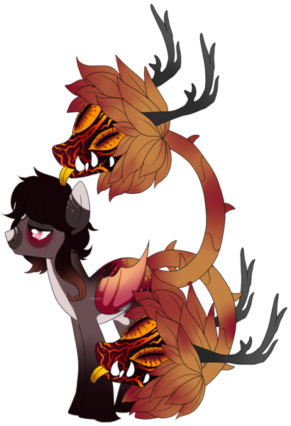 Size: 828x1213 | Tagged: safe, artist:axolotlshy, banned from derpibooru, deleted from derpibooru, derpibooru import, oc, unofficial characters only, cow plant pony, monster pony, original species, plant pony, augmented tail, bat wings, fangs, multiple heads, plant, simple background, thorn, tongue out, transparent background, wings